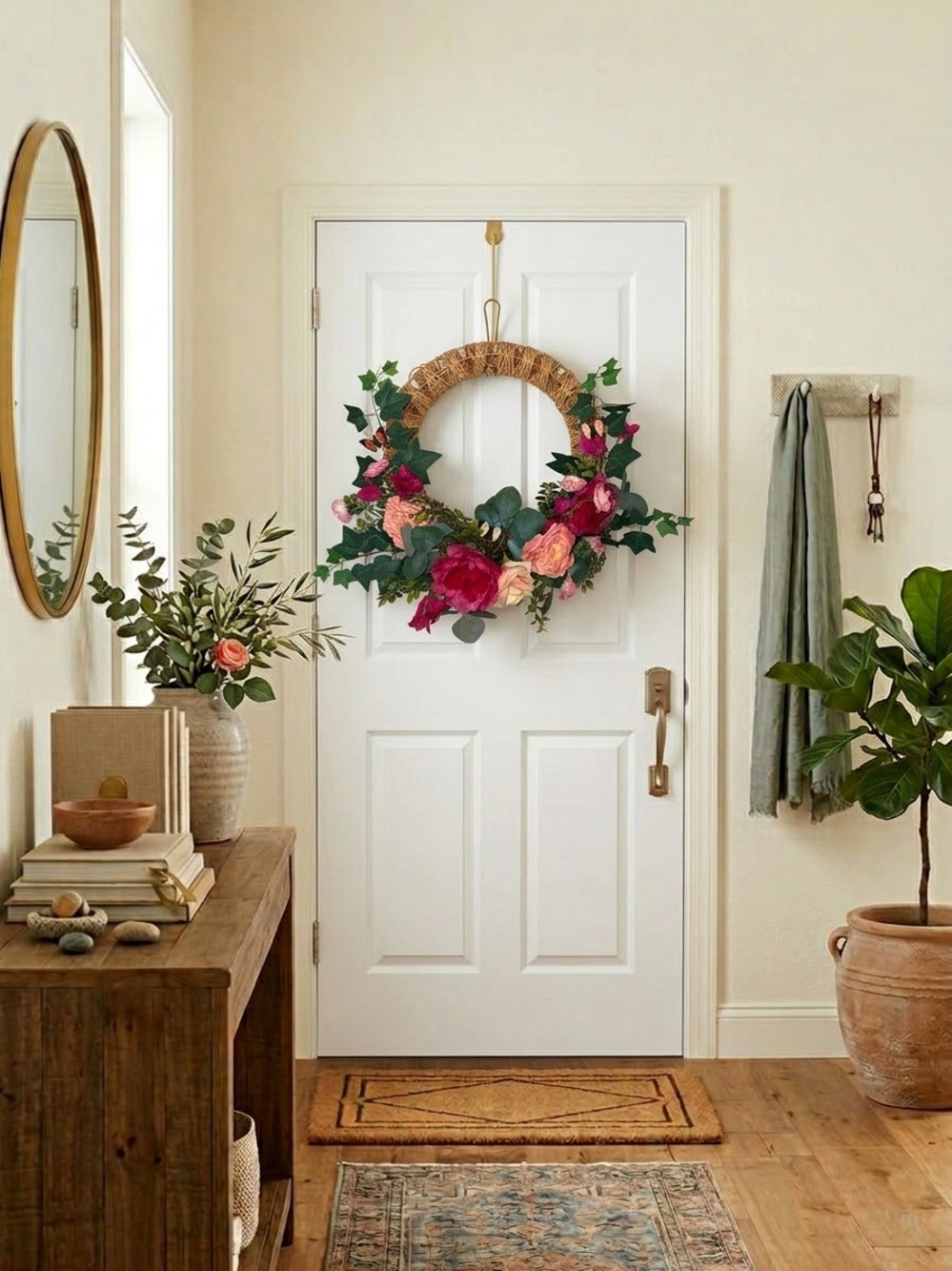 Floral Door Wreath with Pink and Red Blooms